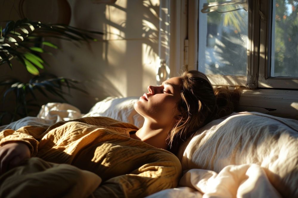 Woman waking up cozy contemplation comfortable. AI generated Image by rawpixel.