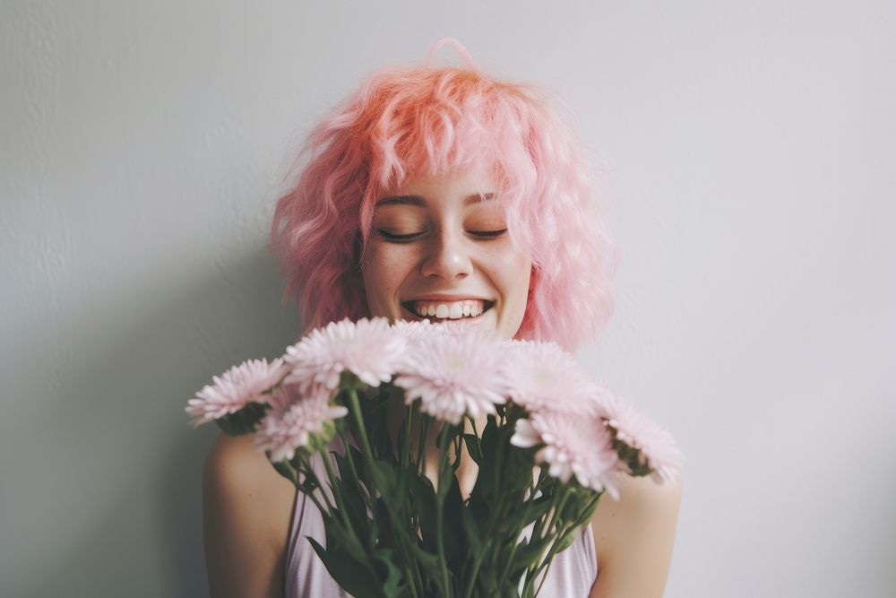 A woman with pink hairs flower smiling plant. AI generated Image by rawpixel.