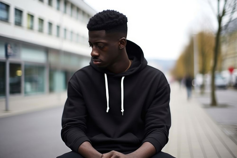 Black Men sweatshirt portrait outdoors. AI generated Image by rawpixel.