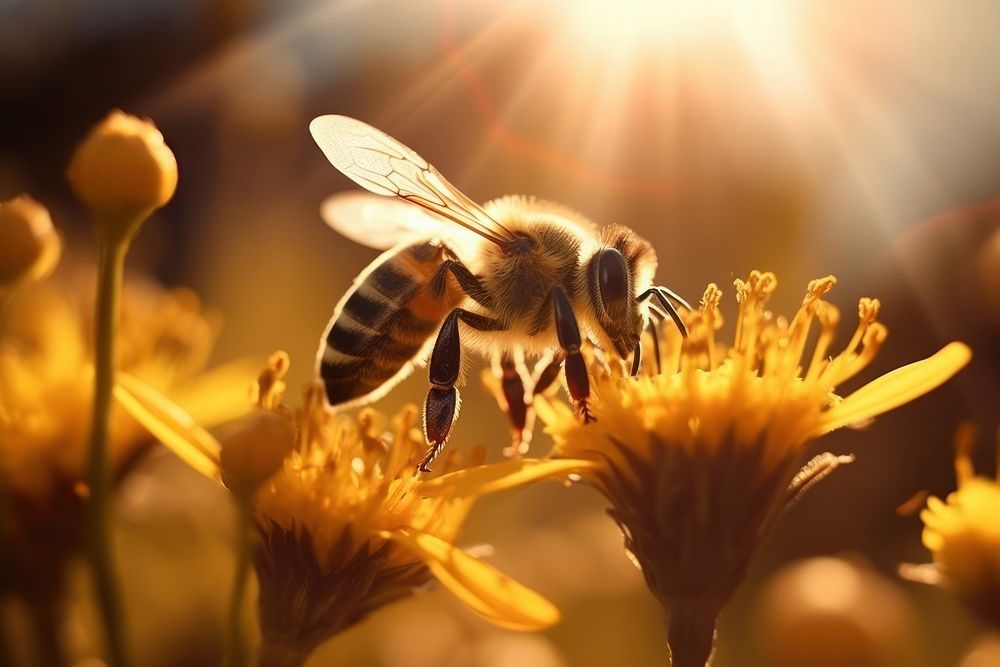 Flower close up bee nature animal. AI generated Image by rawpixel.