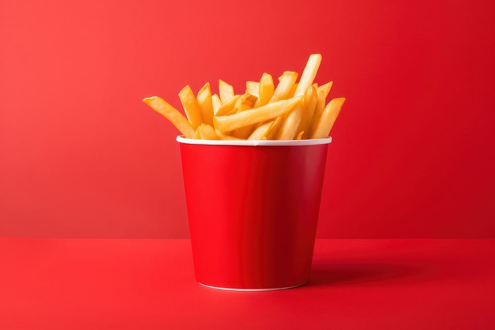 French fries in red paper cup food red background condiment. AI generated Image by rawpixel.
