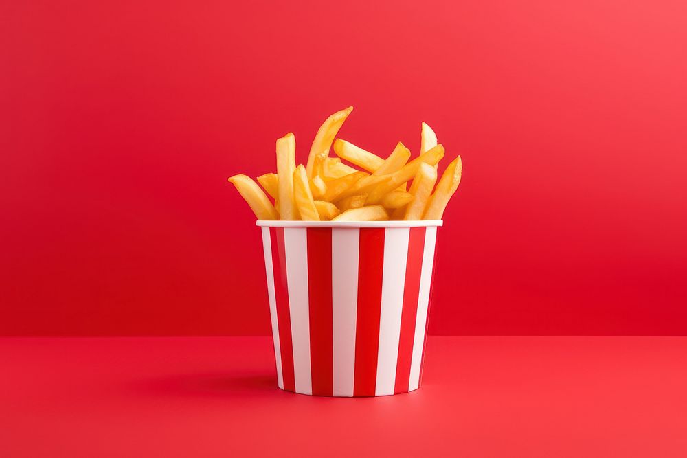 French fries in red paper cup food red background condiment. AI generated Image by rawpixel.