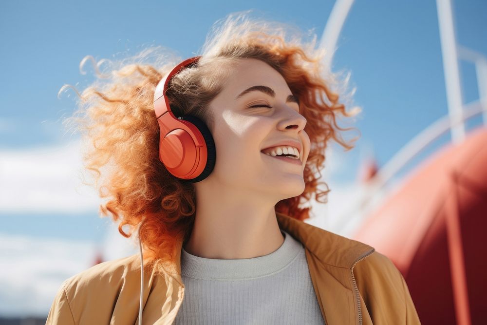 Happy young woman headphones listening outdoors. AI generated Image by rawpixel.