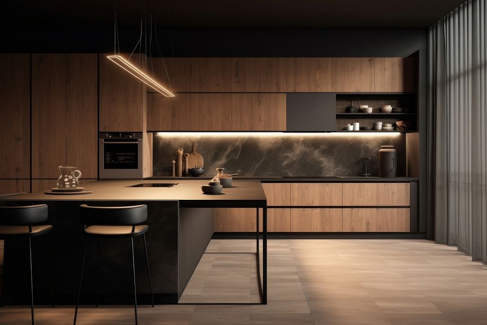 Kitchen furniture lighting wood. AI generated Image by rawpixel.