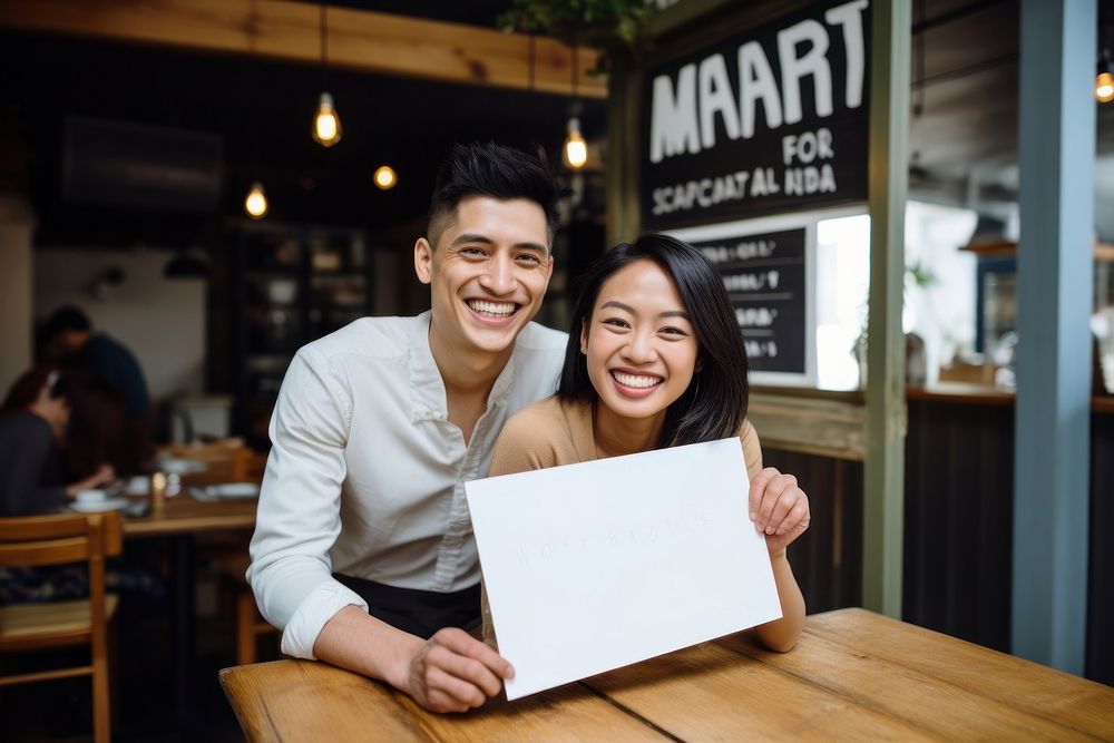Mixed race couple restaurant smiling adult. AI generated Image by rawpixel.