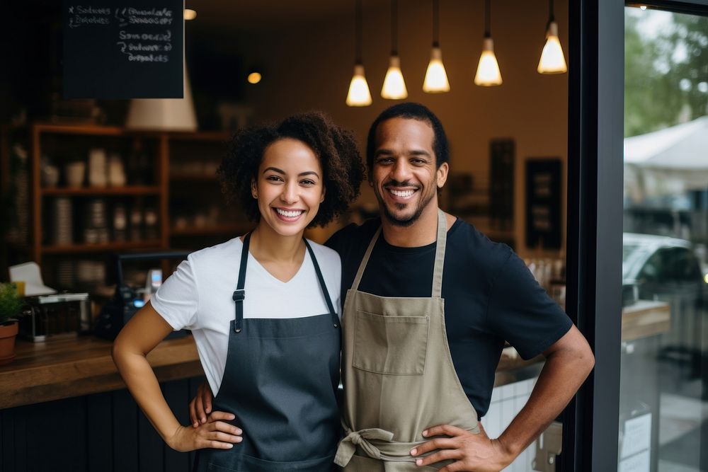 Mixed race couple smiling working adult. AI generated Image by rawpixel.