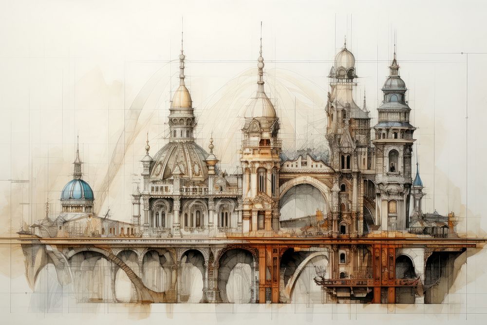 Paper architectural drawing architecture painting. AI generated Image by rawpixel.