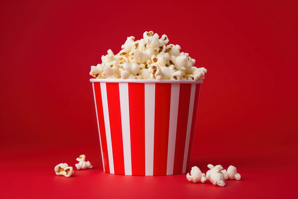 Popcorn in red paper cup snack food red background. AI generated Image by rawpixel.