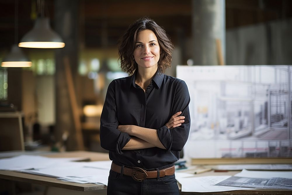 Happy female architect architecture standing portrait. AI generated Image by rawpixel.