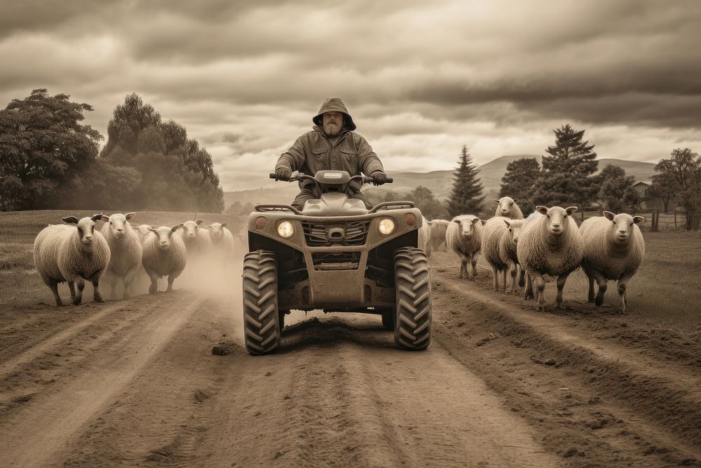 A man driving an atv sheep agriculture livestock. AI generated Image by rawpixel.