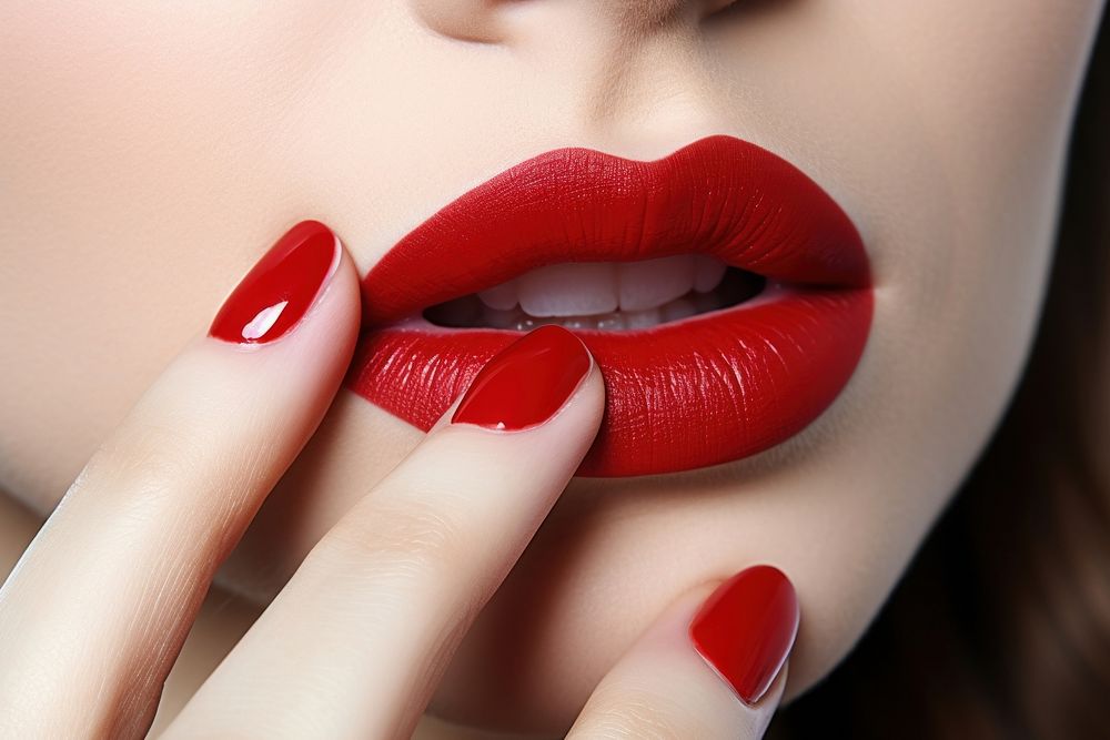 Red fingernails and red lips cosmetics lipstick hand. AI generated Image by rawpixel.