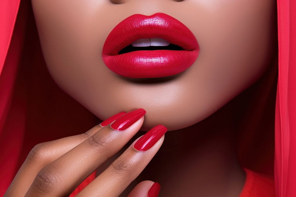Red fingernails and red lips cosmetics lipstick hand. AI generated Image by rawpixel.