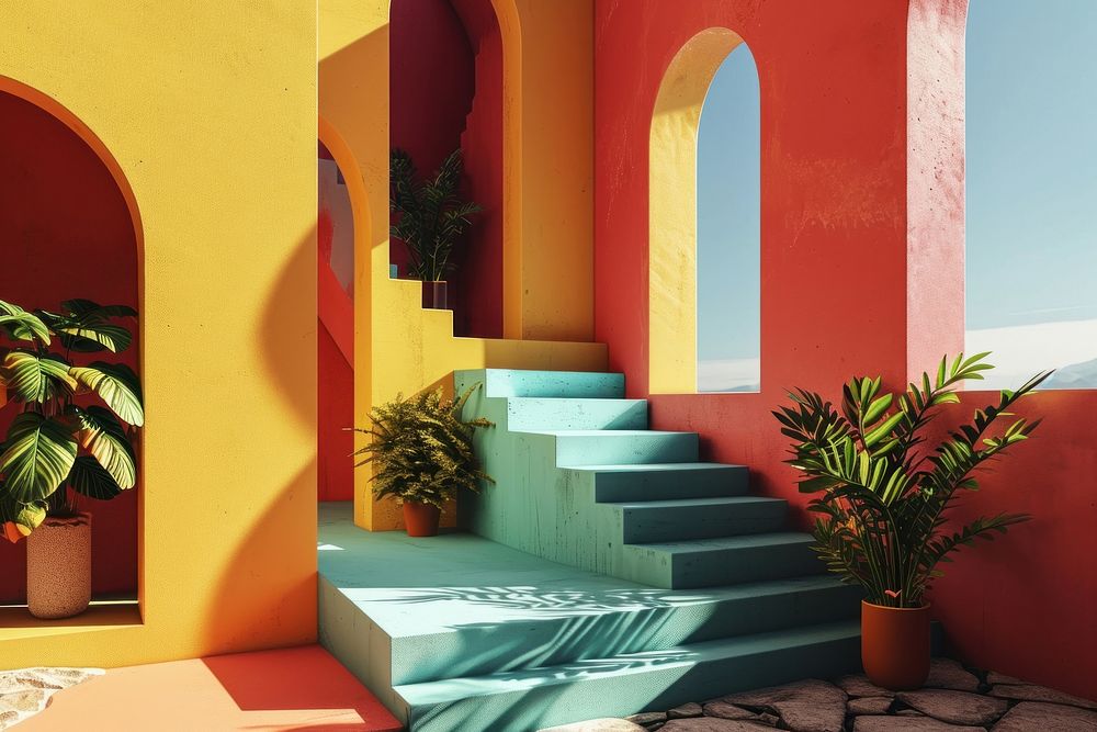 Surreal 3d landscapes staircase arch architecture. AI generated Image by rawpixel.