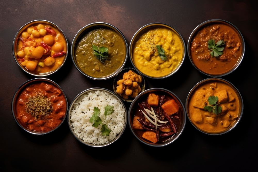 Indian curry and rice dishes food meat vegetable. AI generated Image by rawpixel.