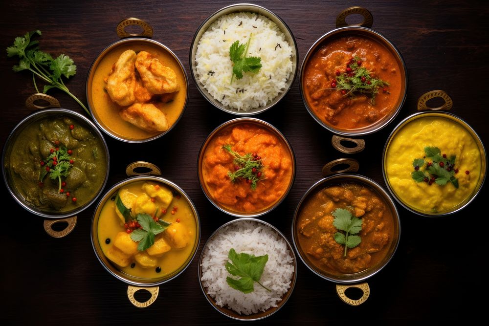 Indian curry and rice dishes food meat arrangement. AI generated Image by rawpixel.
