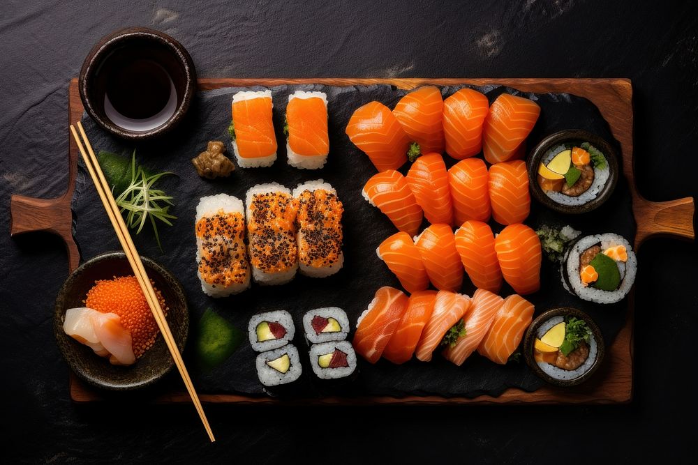 Japanese sushi set food chopsticks seafood. AI generated Image by rawpixel.