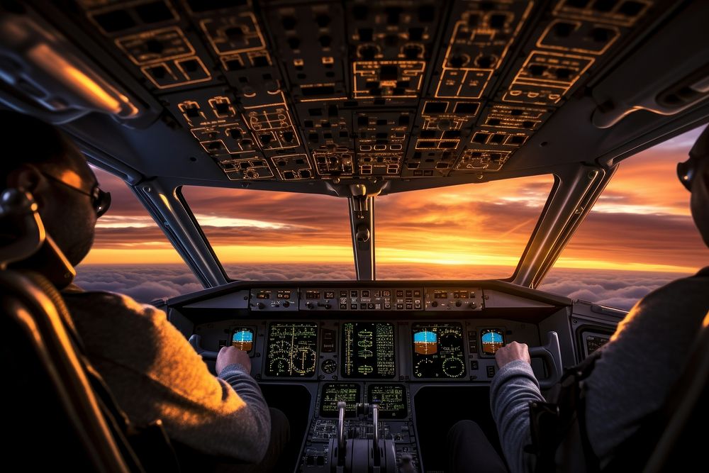 Airplane cockpit aircraft vehicle sunset. AI generated Image by rawpixel.