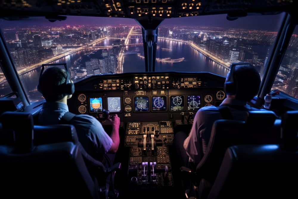 Airplane cockpit with 2 pilot aircraft vehicle light. AI generated Image by rawpixel.