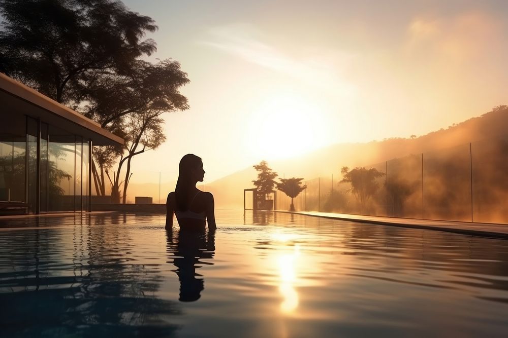 Young woman relaxing doing spa outdoors swimming adult. AI generated Image by rawpixel.