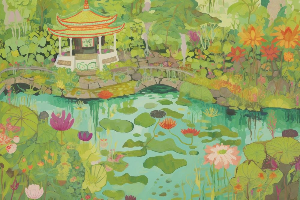 Pond architecture outdoors painting. AI generated Image by rawpixel.