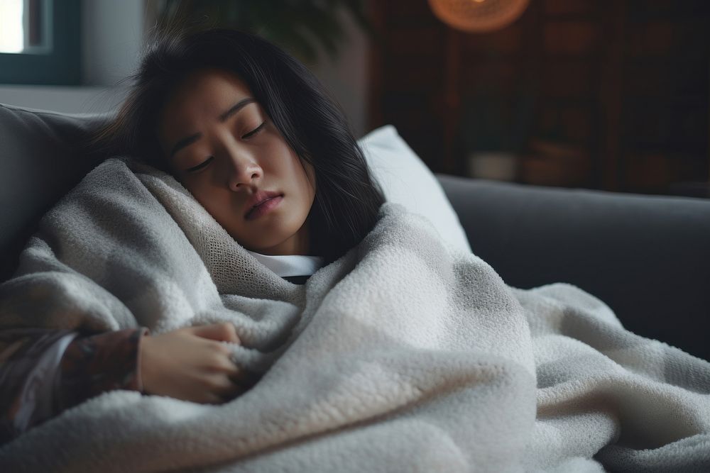 Sick asian woman blanket contemplation comfortable. AI generated Image by rawpixel.