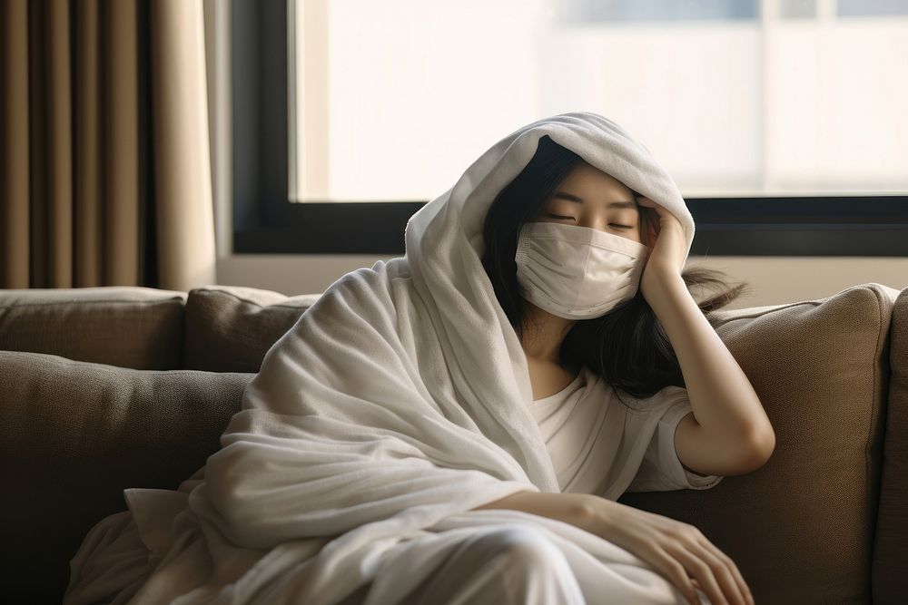 Sick japanese woman blanket adult white. AI generated Image by rawpixel.