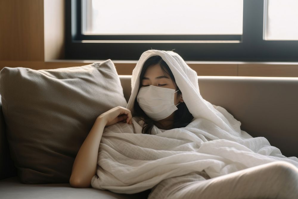 Sick japanese woman blanket furniture adult. AI generated Image by rawpixel.