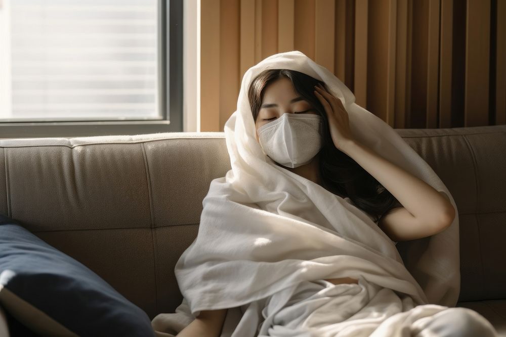 Sick japanese woman furniture blanket adult. AI generated Image by rawpixel.