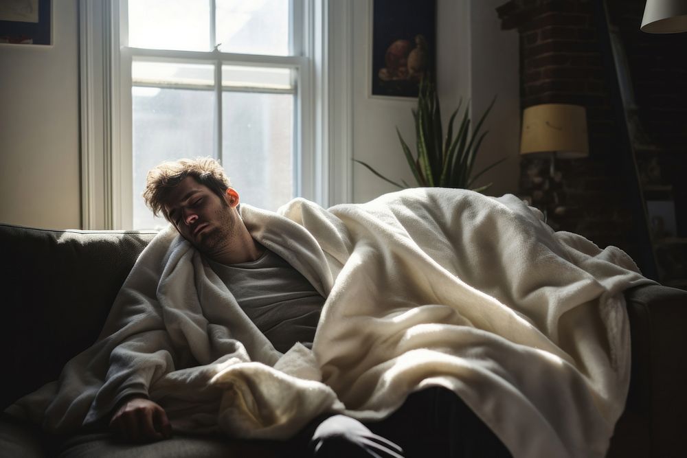 Sick man blanket adult white. AI generated Image by rawpixel.