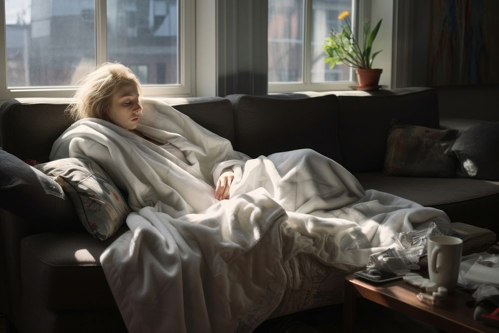 Sick woman blanket furniture white. AI generated Image by rawpixel.
