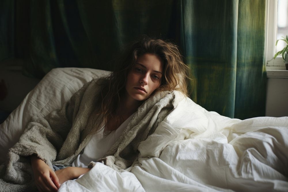 Sick woman blanket furniture portrait. AI generated Image by rawpixel.