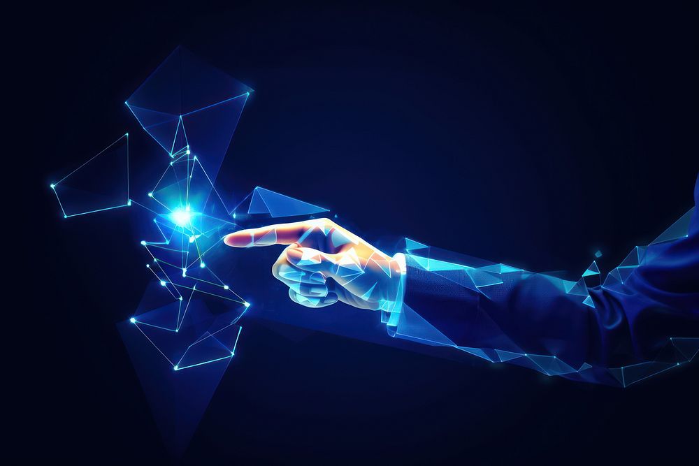 Businessman hand holding rising arrows futuristic abstract blue. AI generated Image by rawpixel.
