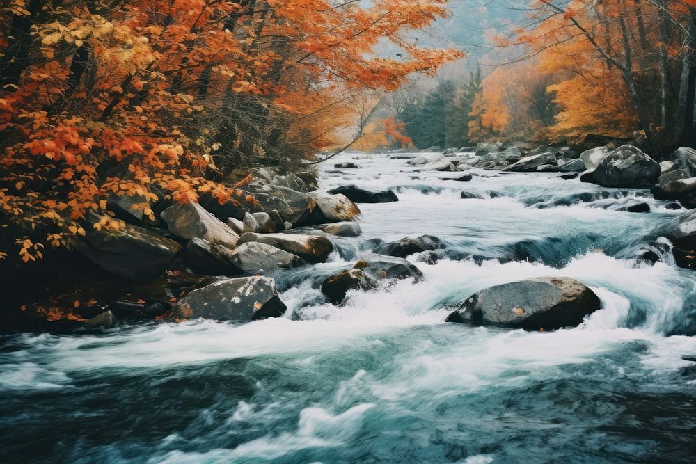 Close up of river fall in autumn view outdoors nature stream. AI generated Image by rawpixel.