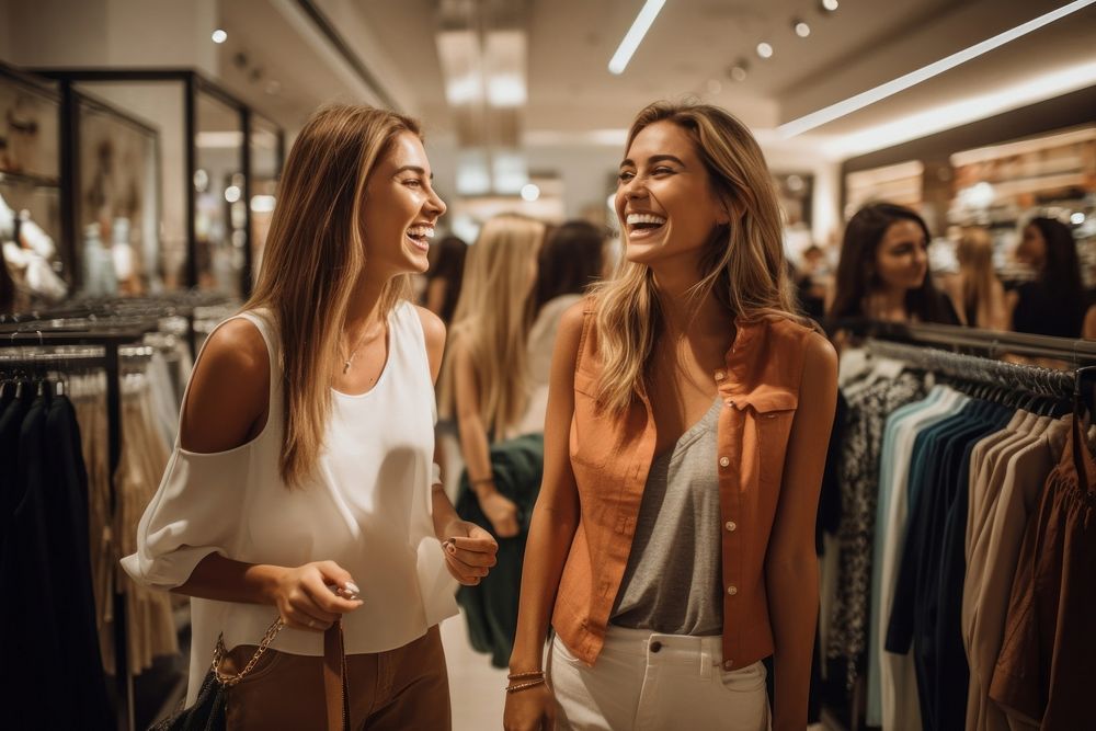Girls shopping laughing clothing smiling. AI generated Image by rawpixel.