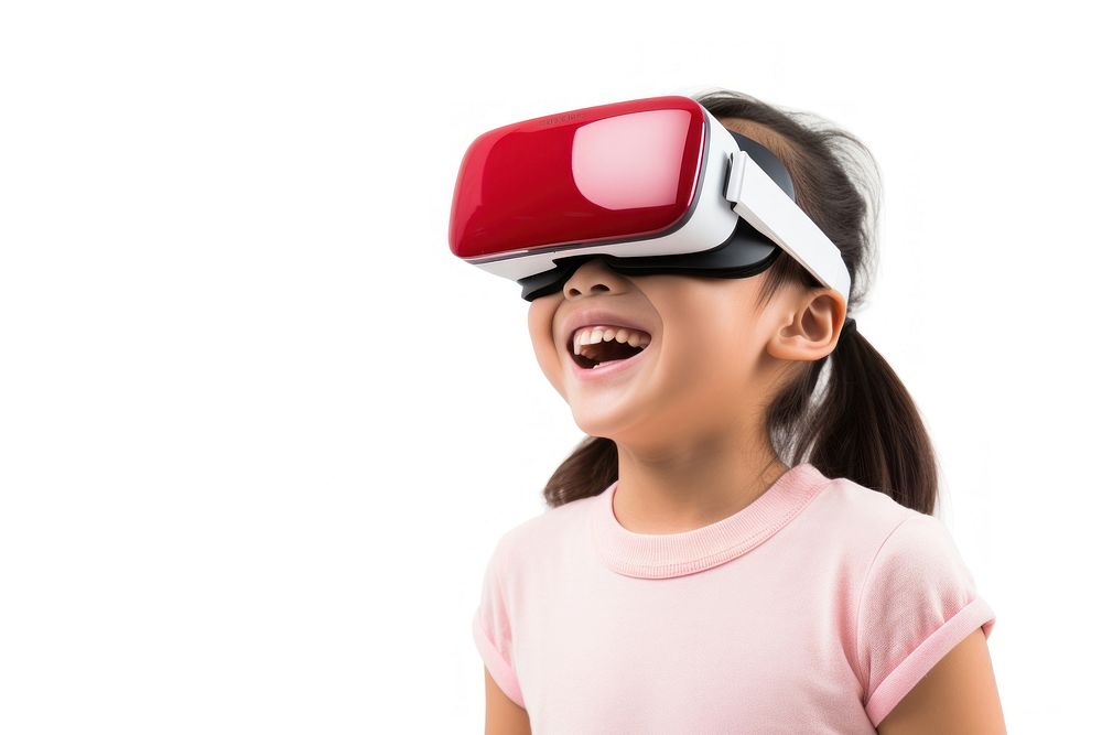 Chinese child using virtual reality headset smiling looking white background. AI generated Image by rawpixel.