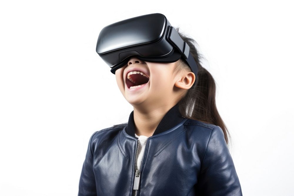 Chinese child using virtual reality headset smiling white background accessories. AI generated Image by rawpixel.