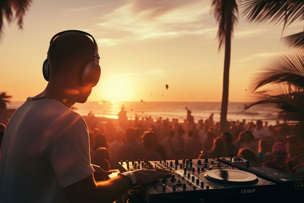 Dj playing music headphones sunset adult. 