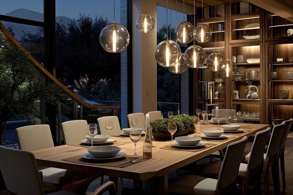 Wooden dining room lighting architecture chandelier. AI generated Image by rawpixel.
