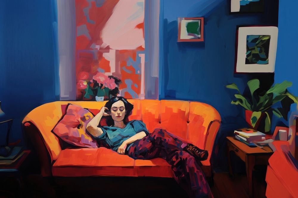 Woman sitting on couch furniture painting adult. AI generated Image by rawpixel.