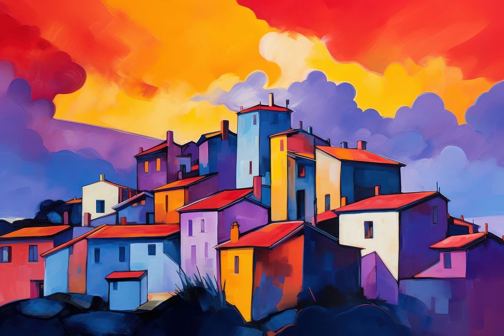 Town with empty sky outdoors painting art. AI generated Image by rawpixel.