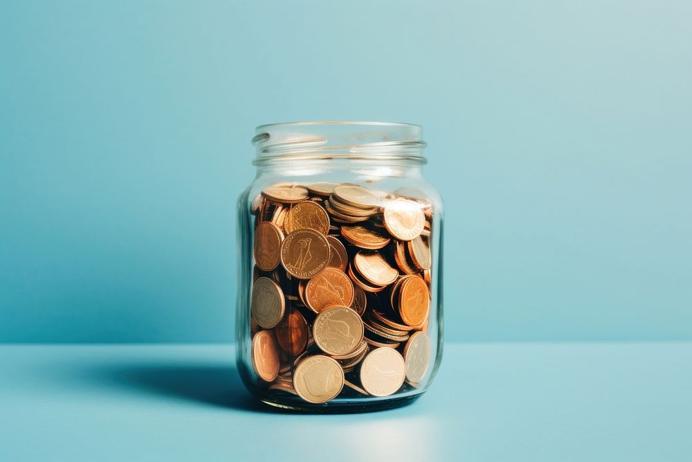 Coins jar blue blue background. AI generated Image by rawpixel.