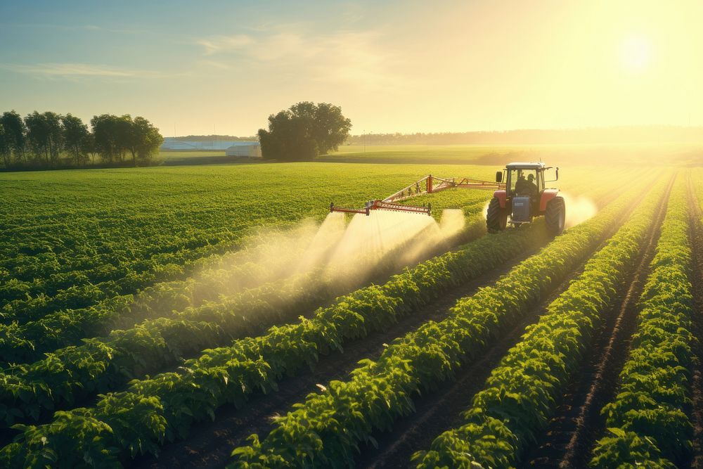 Tractor spraying pesticides agriculture plantation outdoors. 