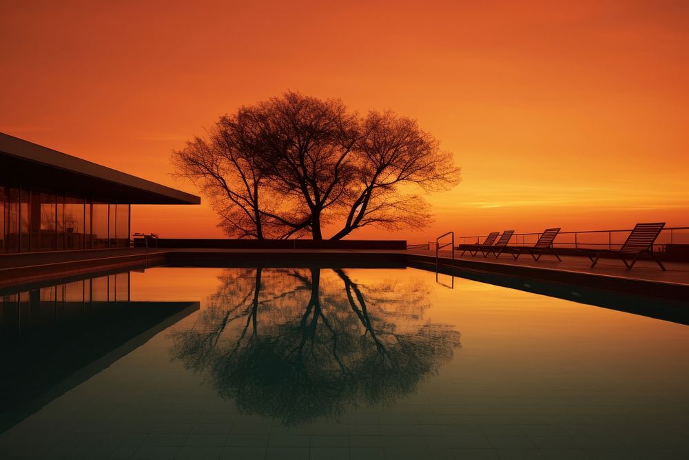 Swimming pool architecture outdoors sunset. AI generated Image by rawpixel.