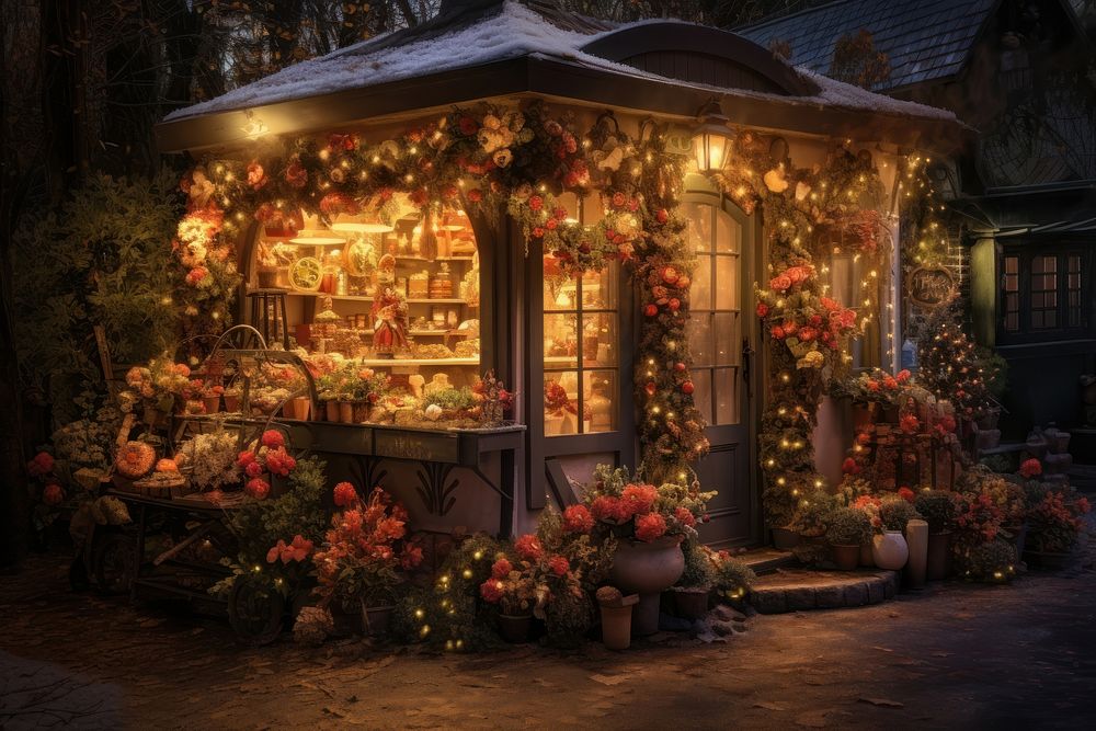 Cosy flower shop christmas light architecture. AI generated Image by rawpixel.