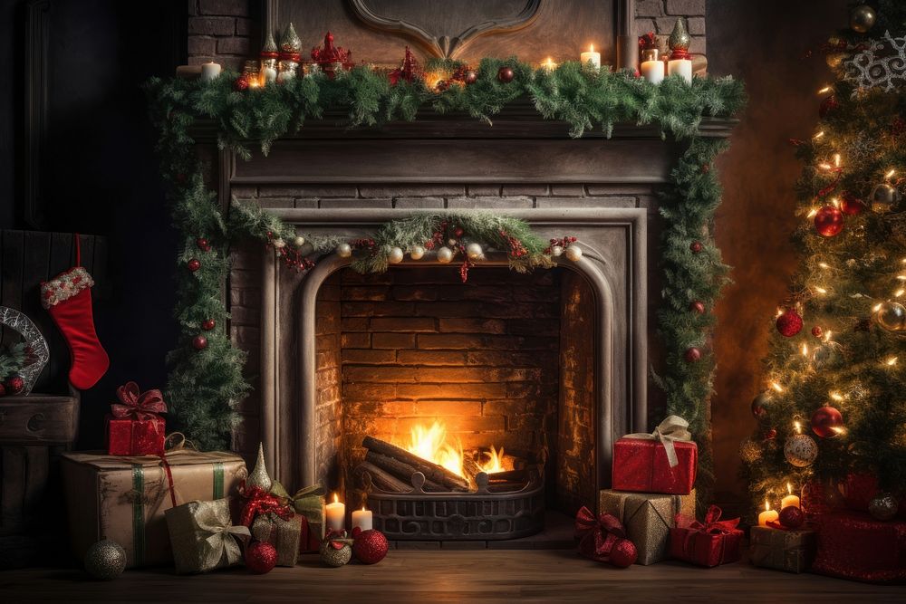 Christmas decorations fireplace hearth red. AI generated Image by rawpixel.