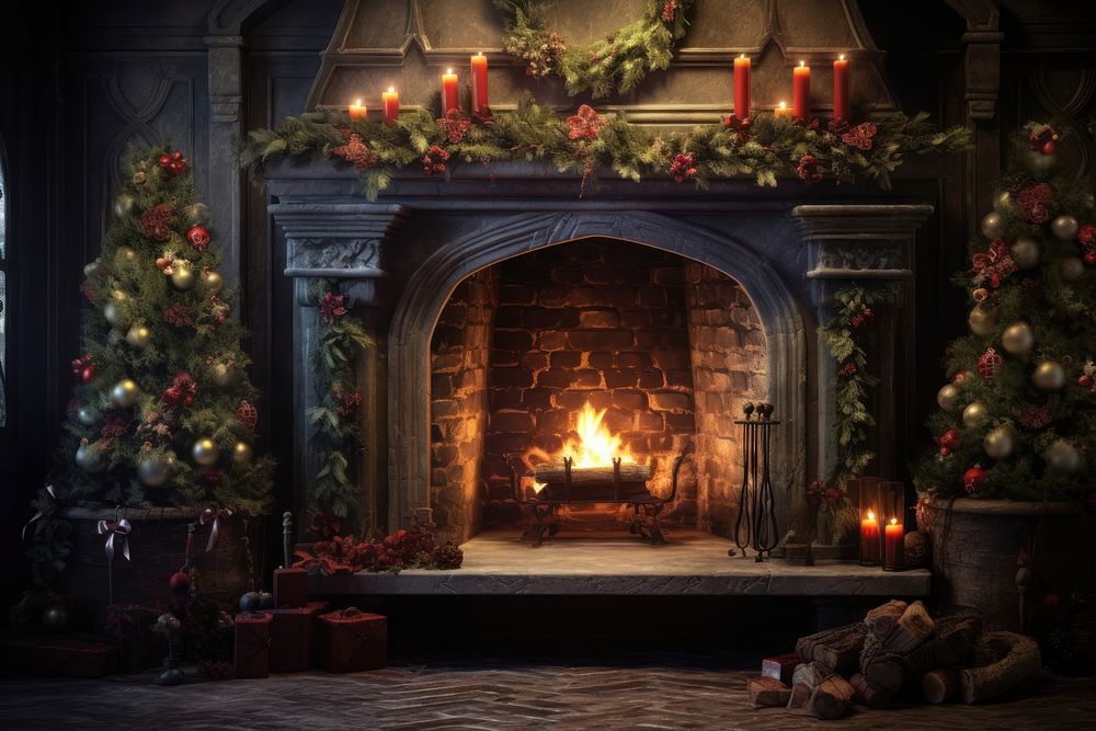 Christmas decorations fireplace hearth architecture. 
