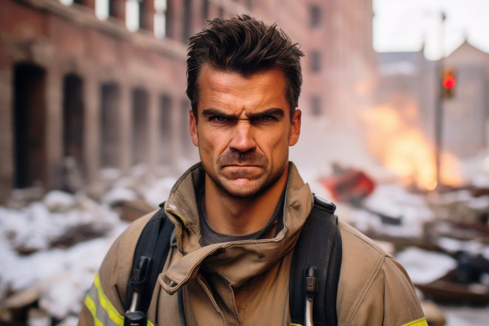 Firefighter photography portrait adult. AI generated Image by rawpixel.