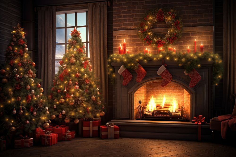 Christmas decoration room fireplace christmas hearth. AI generated Image by rawpixel.