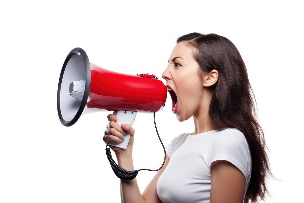 Little girl shouting through a megaphone adult white background technology. AI generated Image by rawpixel.