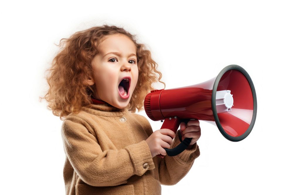 Little girl shouting through a megaphone white background performance appliance. AI generated Image by rawpixel.